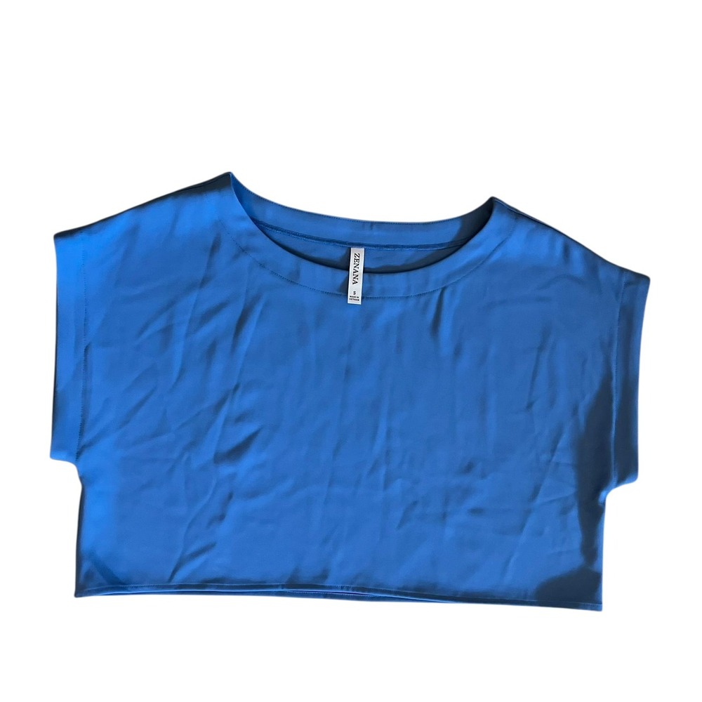 Zenana Women's Blue Cropped Top‎ Short Sleeve Blouse Casual Everyday